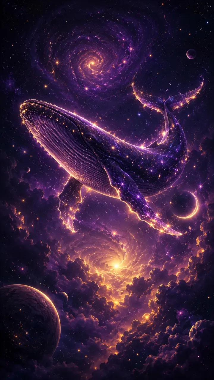 A painted dream: a whale drifts above a house in a starry sky.